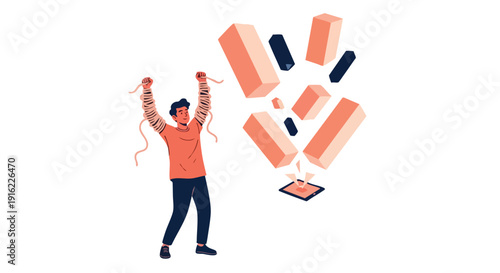 Digital Transformation Success: Professional breaking free from constraints while accessing dynamic 3D data visualization from a modern tablet interface.