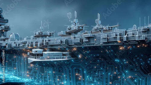 Futuristic warship aircraft carrier on ocean with circuit technology, future war concept featuring glowing digital hull, neon light, cyber naval defense across storm night dark seascape