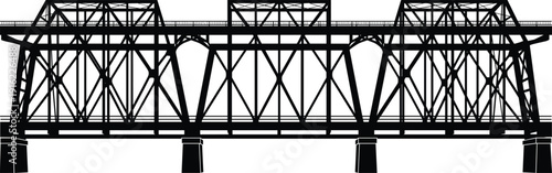 Black silhouette of a long steel truss railway bridge isolated on white background for civil engineering, transportation, infrastructure and industrial architecture design concepts
