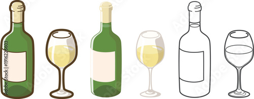 白ワインボトルとグラス（ボルドー型）