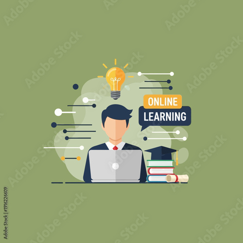 Person studying online with books, laptop, and a lightbulb icon representing ideas.