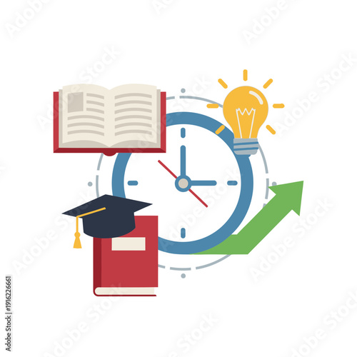 Clock with open book, graduation cap, light bulb, and upward arrow symbols.