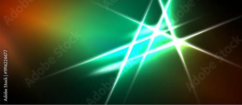 Abstract background features vibrant green, orange hues. Bright lines intersect creating dynamic light effects. Dark areas frame composition.