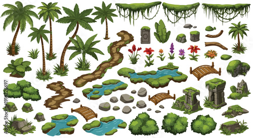 Jungle game environment vector asset collection. Includes palm trees, bushes, vines, rocks, water, bridges, flowers, and path elements. Created in pixel art style with a green and brown palette.