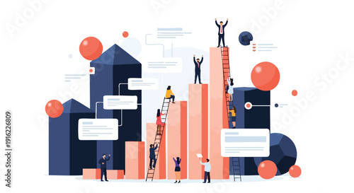 Strategic Corporate Ladder Climb: Team Achieving Key Performance Indicators and Vertical Growth Success