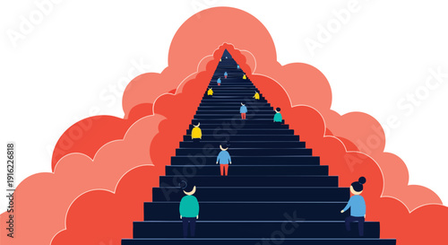 Ambitious Ascent: Professionals climbing the steps of innovation toward future business success and growth strategy.