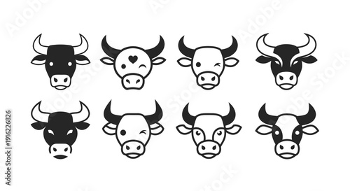 Collection of diverse bull icons conveying various emotions in a playful and modern design