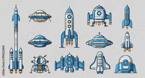 Collection of cartoon style spaceships and rockets in various designs.