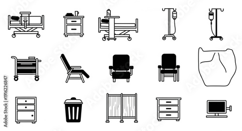 Collection of medical equipment and hospital furniture icons.