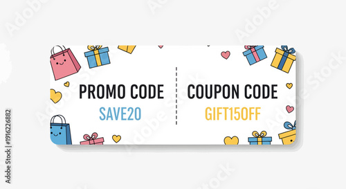 Colorful promotional coupon design with shopping bags, presents and hearts graphics