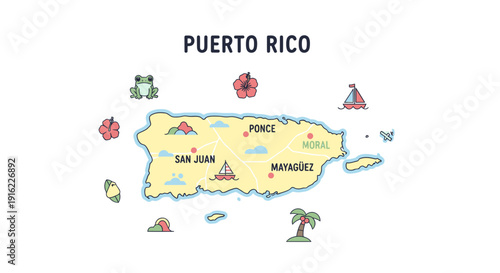 Colorful Puerto Rico map illustration showcasing landmarks, cities and various icons