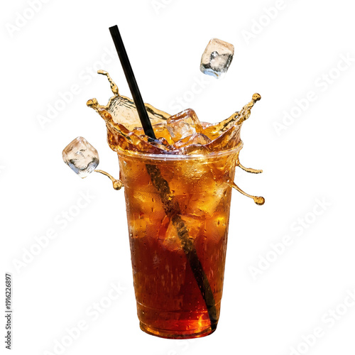 Cold Brew Coffee Splash With Ice Cubes and Straw in a Clear Plastic Cup Dynamic Action isolated on transparent background