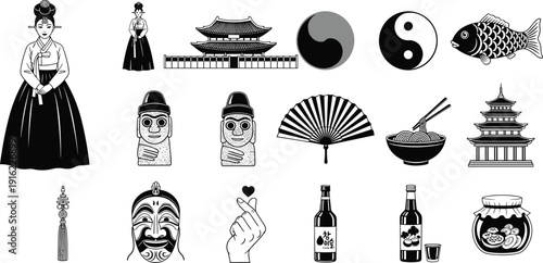 Korean culture icons collection vector, traditional symbols set, hanbok pagoda yin yang fan food illustration, isolated asian design