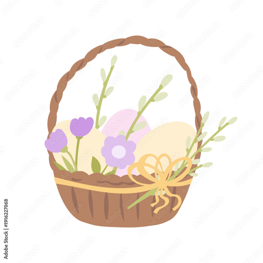 Obraz premium Easter basket with eggs and spring flowers. Basket with handle decorated with ribbon and bow. Vector design isolated on white background.