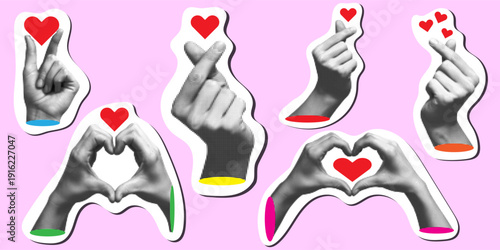 Set of hand heart stickers and Korean finger heart gestures with red hearts, halftone pop art style isolated
