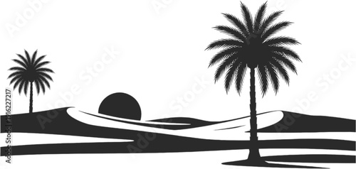 Tropical island with palm trees,Desert with palm plant vector,A wast barren land of sand with a single palm tree with a sun behind it