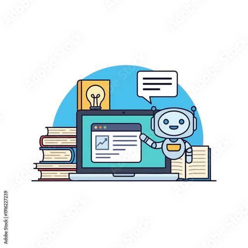 Cartoon robot presenting data on a laptop surrounded by books and icons.