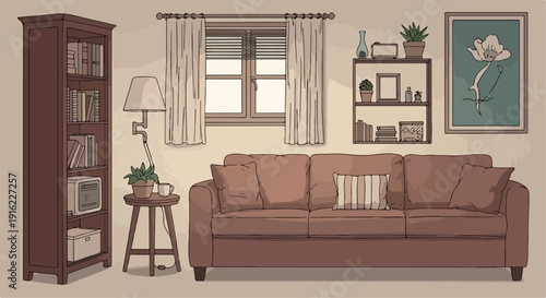 Cozy vector living room interior with a brown sofa, wooden bookshelf, window with white curtains, and a framed botanical illustration.