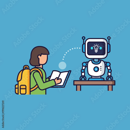 Person reading a book while interacting with a robot with a lightbulb icon on its