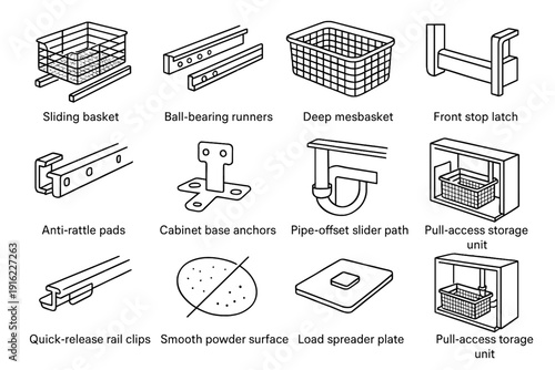 Reinforced sliding pads sink plate under anchors vector icon rail mesh organizer