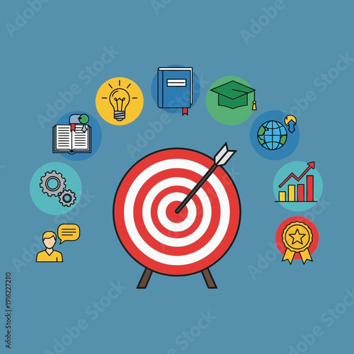 Bullseye target with arrow and surrounding icons representing goals and achievement.