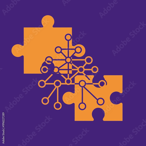 Abstract illustration of interconnected puzzle pieces and network nodes on purple background.
