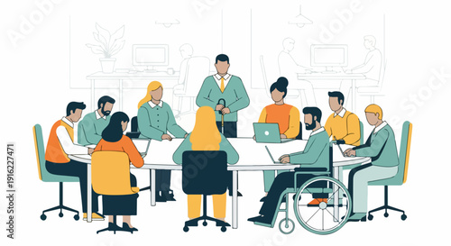 Diverse group engaged in productive business meeting at modern office conference table. Inclusive professionals discuss strategy and project goals during important corporate business meeting.