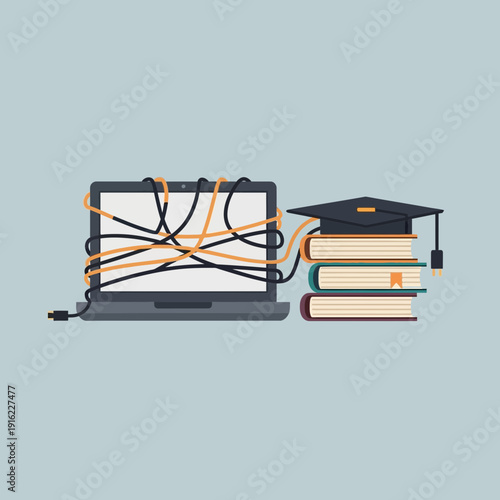 Laptop tangled with cables next to stacked books and a graduation cap.