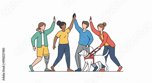 Illustration shows diverse team, with person having prosthetic leg and guide dog. Group celebrating success and unity, demonstrating strong diverse team collaboration.