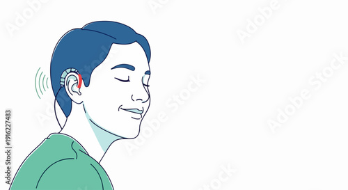 Man wearing hearing aid, compact technological device assisting improved auditory function. Modern hearing aid helps individuals with hearing loss manage daily sounds.