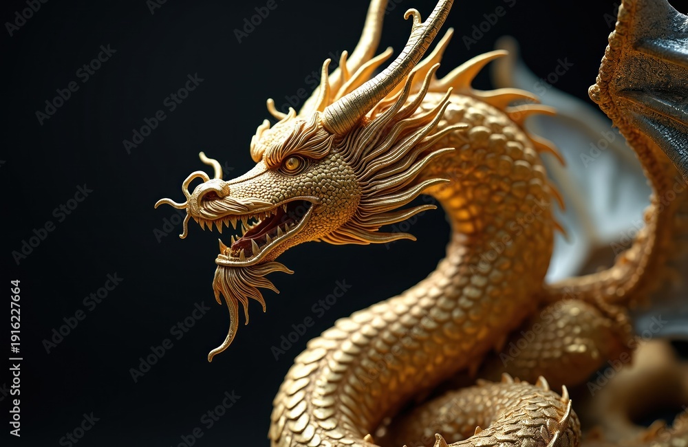 Fototapeta premium Detailed gold dragon sculpture with ornate scales and menacing fangs. Mythical creature coiled against dark background, representing power and oriental art. Majestic fantasy beast.