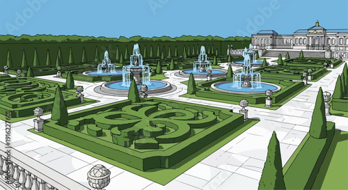 Vector illustration of a grand formal garden with intricate topiary hedges, multiple tiered fountains, and a distant classical palace under a clear sky.