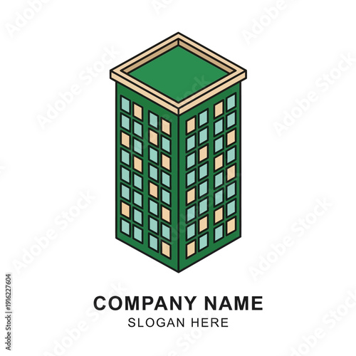 Green Office Building Illustration with Windows.