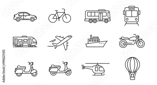 Collection of various transportation vehicle icons in a simple line art style.