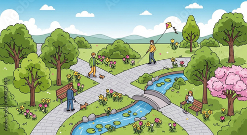 People enjoying leisure activities in a serene park with winding paths trees flowers and a small pond