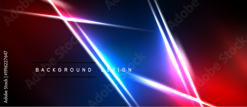 Abstract neon lines intersect, creating vibrant red, blue, purple glow. Dark background emphasizes bright geometric shapes, modern design.