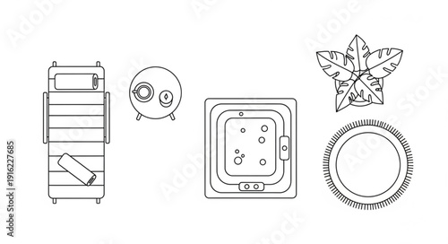 Collection of simple line art icons for spa and relaxation elements.