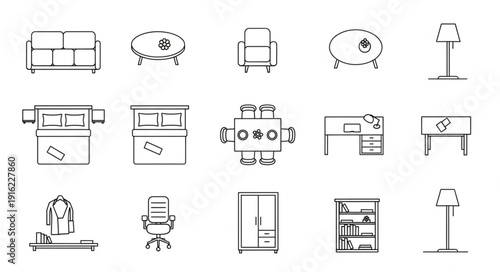 Collection of hand-drawn furniture icons in top-down view.