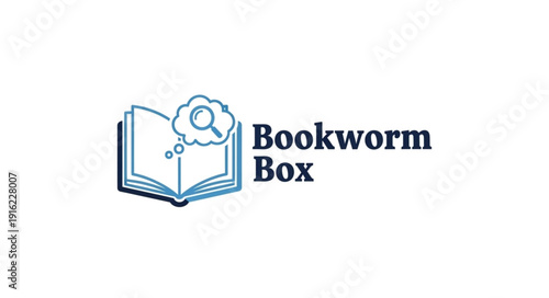 Bookworm Box logo with open book and magnifying glass in thought bubble.