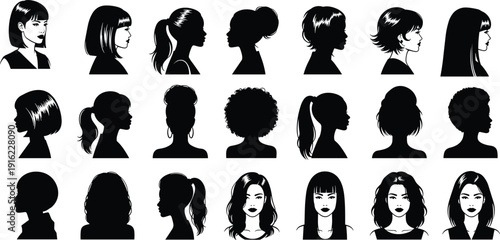 Women hairstyle silhouettes collection vector, female hair profile set, beauty salon styles illustration, diverse haircut icons, isolated design