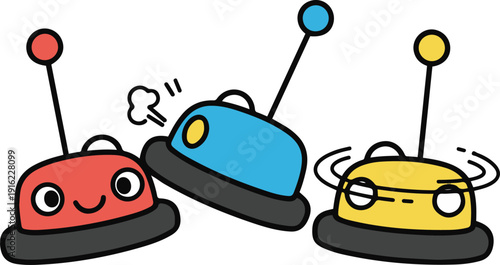 Cute vector illustration of three colorful bumper cars with expressive cartoon faces, including red, blue, and yellow cars in a playful amusement park theme.
