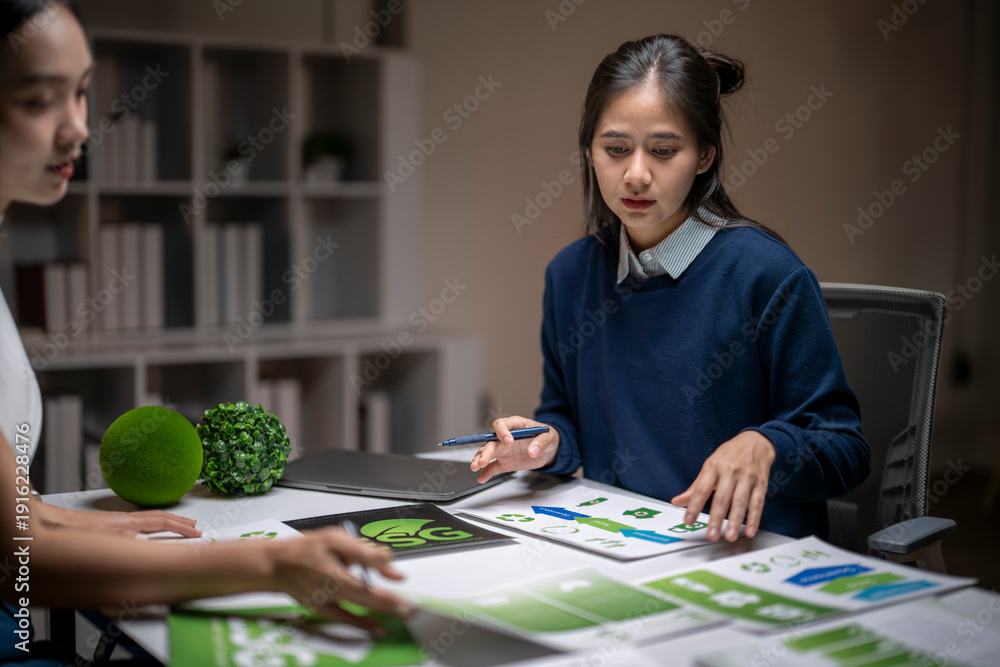 Fototapeta premium Women discussing sustainability design and esg in office