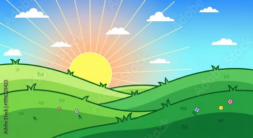 Vibrant cartoon landscape with rolling green hills colorful flowers and a bright sunny sky with fluffy clouds at sunrise