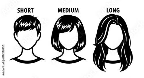 Illustration of three different hairstyles short medium and long.