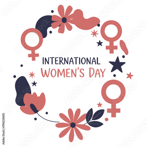 Decorative vector illustration celebrating International Women's Day with a floral wreath, female symbols, and stars, conveying empowerment and unity.