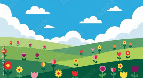 Colorful flowers blooming in a serene landscape with rolling hills and fluffy white clouds in a bright blue sky