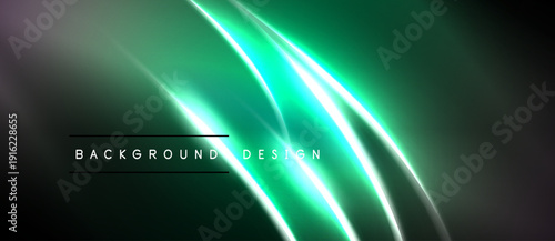Abstract green background. Glowing lines create dynamic, modern visual effect. Dark shades emphasize bright neon elements.