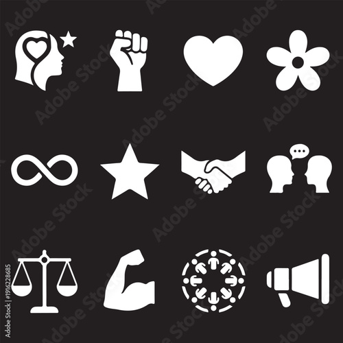 Women Empowerment and Feminism Icon Set - Social Justice, Mental Health, Equality, and Global Community Symbols