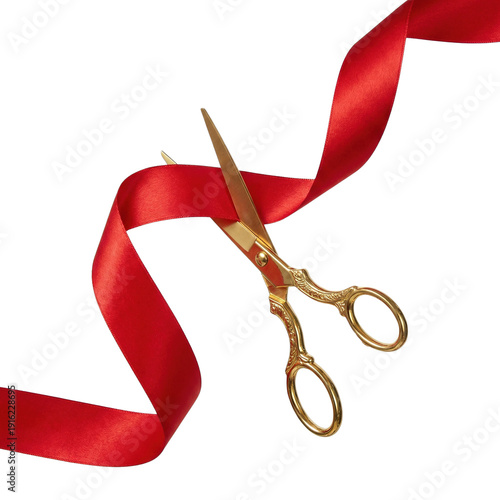 Gold handled scissors cutting a red ribbon signifying a grand opening event or ceremony isolated on transparent background