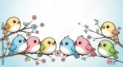 Colorful cartoon birds sitting on a blooming tree branch with flowers spring nature scene with avian friends